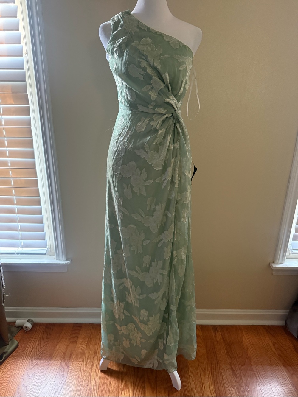 Green Floral Jacquard One Shoulder Maxi Dress | XS